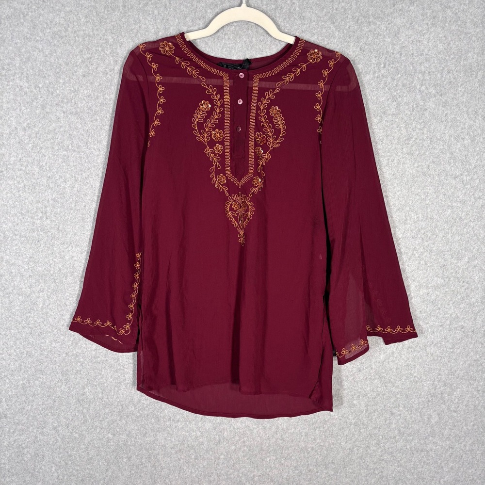 Burgundy Sheer Gold Embroidered Tunic Blouse Medium Textured Artsy Boho Romantic
